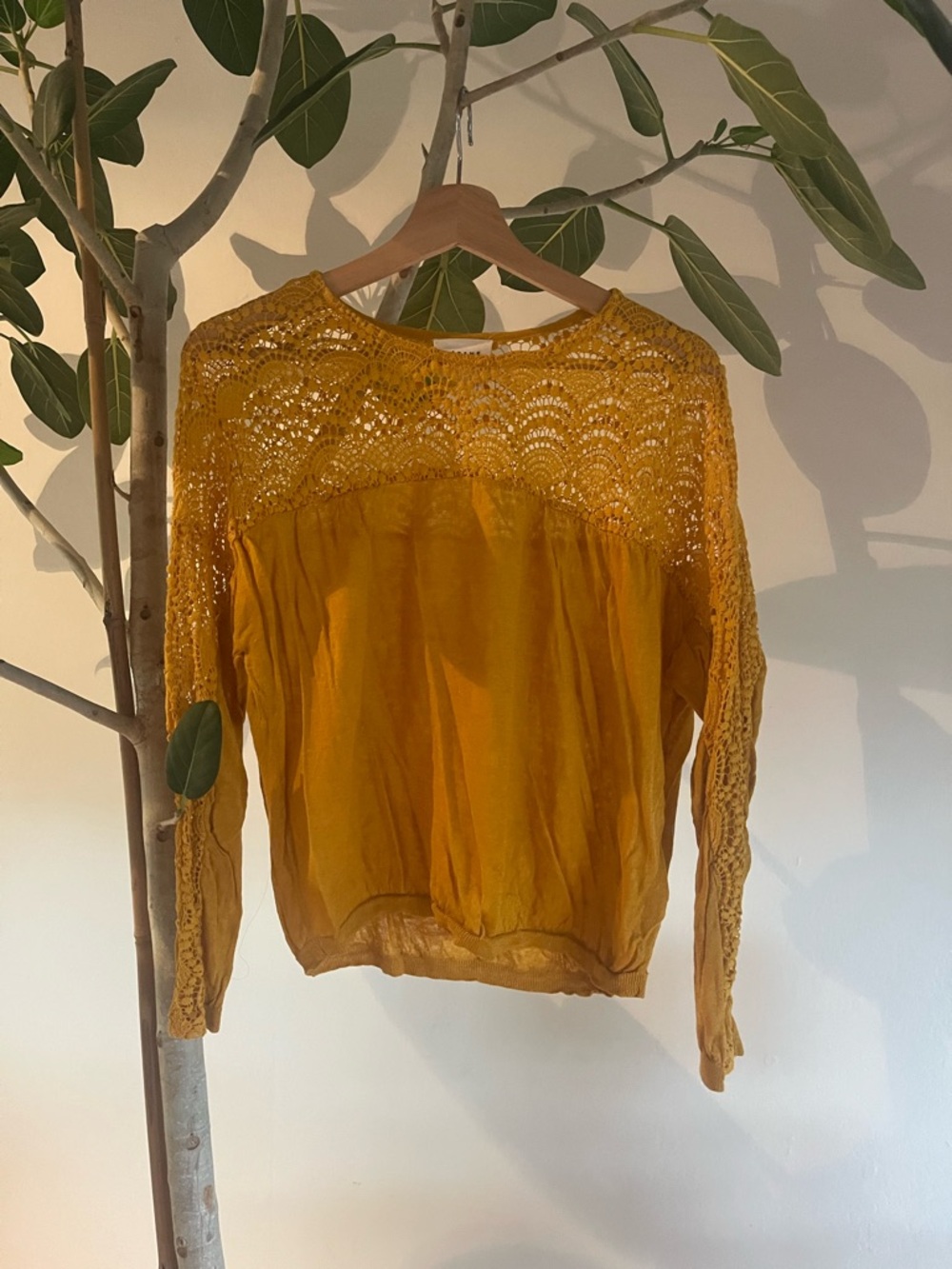 Sezane Mustard Crochet Yoke Long Sleeve Top